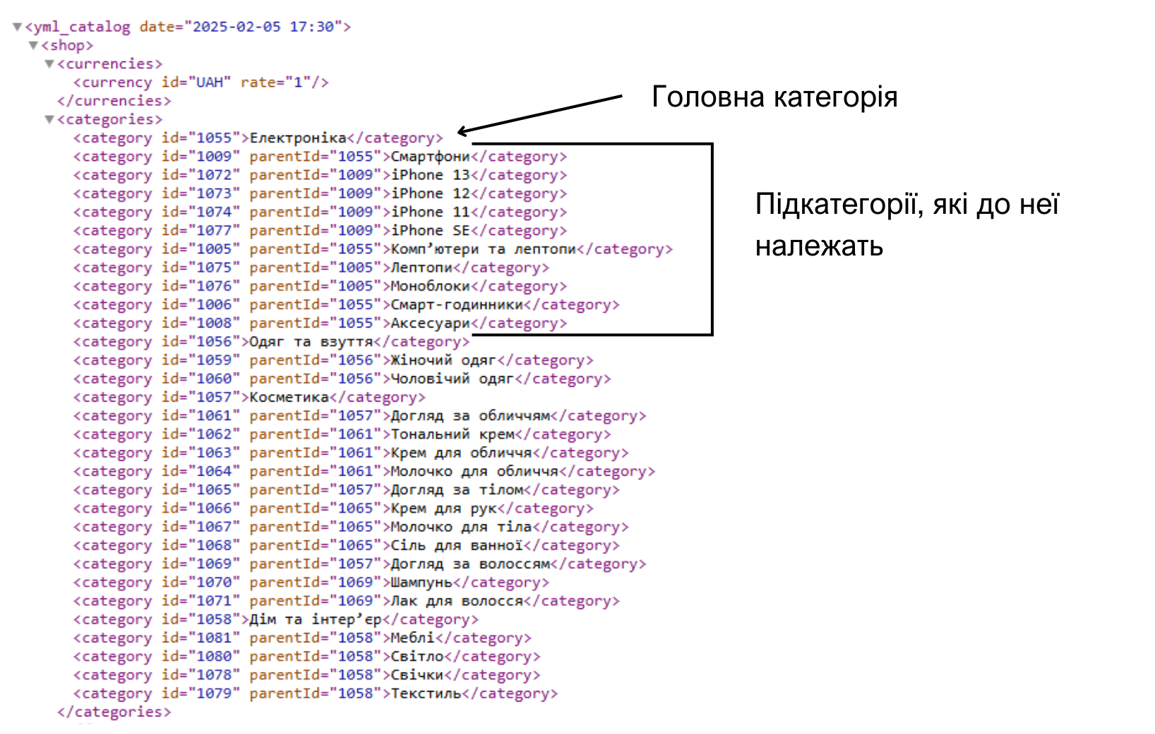 Список категорий в XML-файле